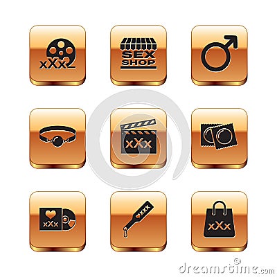 Set Film reel with Sex, Disc inscription, Spanking paddle, Movie clapper, Silicone ball gag, Male gender symbol Vector Illustration