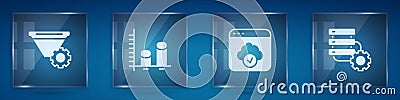 Set Filter setting, Data analysis, Cloud technology data transfer and Server and gear. Square glass panels. Vector Vector Illustration