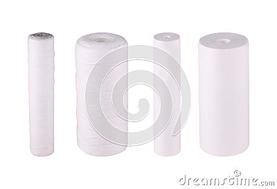 Set filters isolated white background. Cartridges multifilament polypropylene yarn. Mechanical water purification Stock Photo