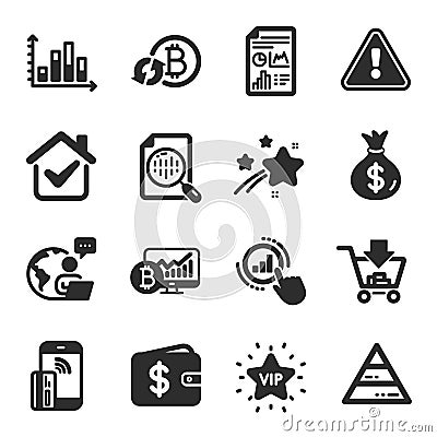 Set of Finance icons, such as Dollar wallet, Diagram graph, Pyramid chart symbols. Vector Vector Illustration