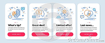 Set of Finance icons, such as Pay, Sale, Coins symbols. Euler diagram line icons. Beggar, Discount, Cash money. Vector Vector Illustration