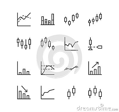 Set of finance and marketing icons, graph, market, statistic, chart, diagram, grid, bar, arrow. Vector Illustration