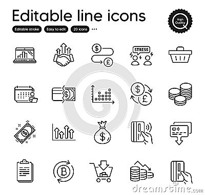 Set of Finance outline icons. Contains icons as Currency exchange, Dot plot and Refresh bitcoin elements. Vector Vector Illustration