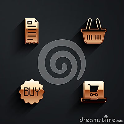 Set Financial check, Shopping basket, Buy button and cart screen laptop icon with long shadow. Vector Vector Illustration