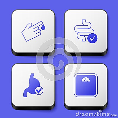 Set Finger blood, Intestines, Human stomach health and Bathroom scales icon. White square button. Vector Vector Illustration