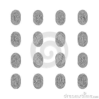 Set of 16 fingerprint vector icons isolated on write. Biometric technology for person identity. Security access authorization Vector Illustration