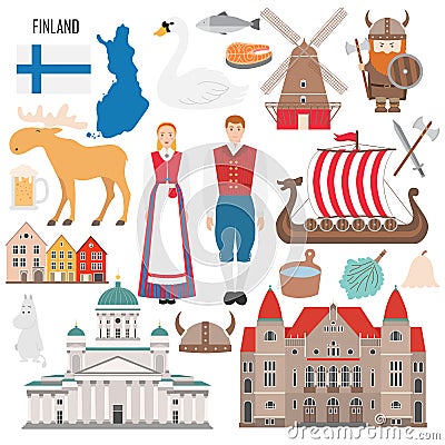 Set with Finland symbols in flat style Vector Illustration