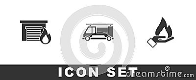 Set Fire in burning garage, truck and Hand holding fire icon. Vector Vector Illustration