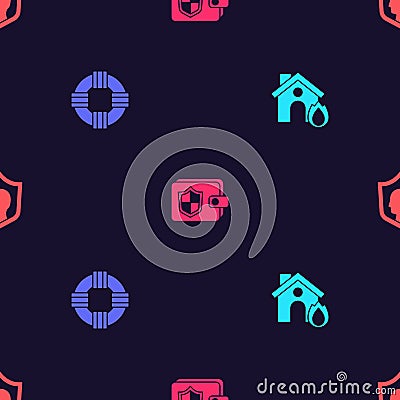 Set Fire in burning house, Lifebuoy, Wallet with shield and insurance on seamless pattern. Vector Vector Illustration