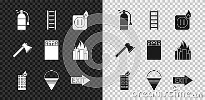 Set Fire extinguisher, escape, Electric wiring of socket fire, burning building, cone bucket, exit, Firefighter axe and Vector Illustration