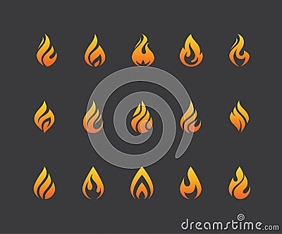 Set of fire flame icons and logo isolated on black background. Vector Illustration