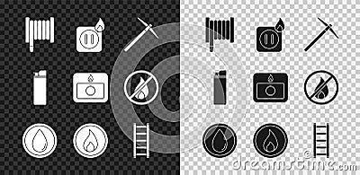 Set Fire hose reel, Electric wiring of socket in fire, Pickaxe, Water drop, flame, escape, Lighter and alarm system icon Vector Illustration