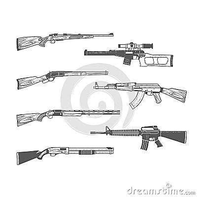 Set of firearms, shotgun, m16 rifle and hunt handgun, guns and weapons in graphic style Vector Illustration