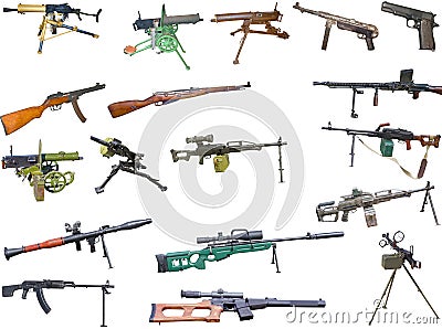 Set of firearms weapons. pistols, rifles, machine guns Stock Photo
