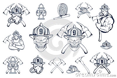 Set of firefighter emblems and elements. Firefighting logo. The fireman`s head in a mask. Fire department label. Vector Illustration