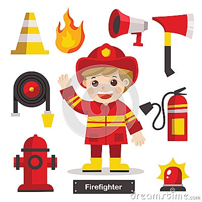 Set of Firefighter with Fire safety equipments. Vector Illustration
