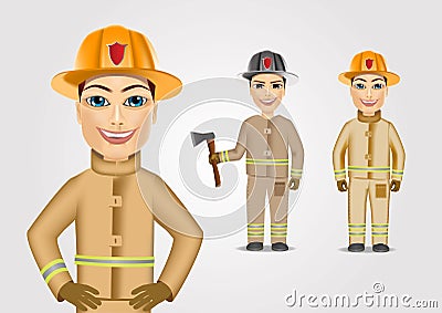 Set of firefighters in brown uniform Vector Illustration