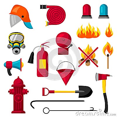 Set of firefighting items. Fire protection equipment Vector Illustration