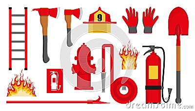 Set of firefighting items. Fire protection equipment. Fireman equipment. Equipment for firefighter. Profession Firefighter. Vector Illustration