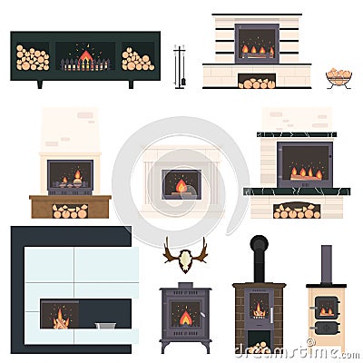 Set of fireplaces and accessories to them. Stone and brick classical and modern fireplaces. Stock Photo