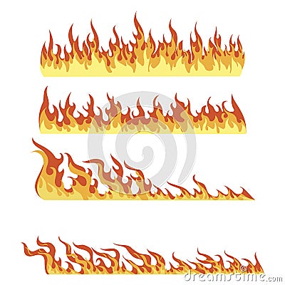 Set of fires. Collection of fire walls. Illustration of a burning strip. Flame drawing. Flaming wall. Vector Vector Illustration