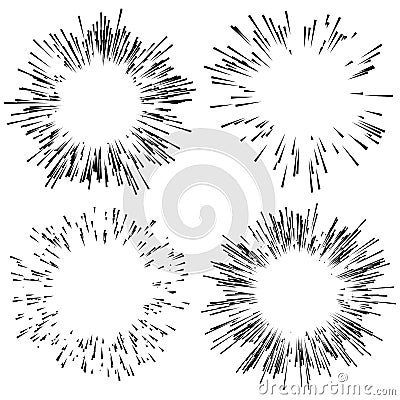 Set of 4 fireworks, explosion elements. Radiating lines in random, irregular fashion Vector Illustration