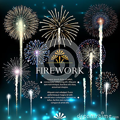 Set of fireworks, festive banner, invitation to a holiday. Vector Illustration