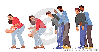 Set First Aid Food Choking. Male And Female Characters Choke-bore. Mother Trying To Help Newborn Vector Illustration Vector Illustration