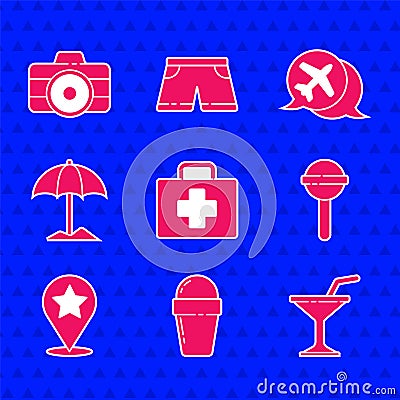 Set First aid kit, Ice cream in waffle cone, Martini glass, Lollipop, Map pointer with star, Sun protective umbrella for Vector Illustration