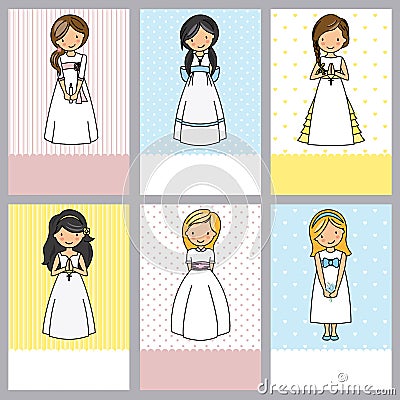 Set of 6 first communion girl cards Vector Illustration