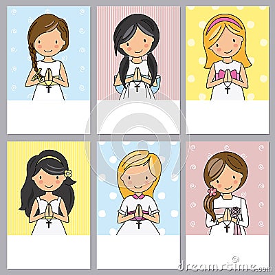 Set of 6 first communion girl cards Vector Illustration