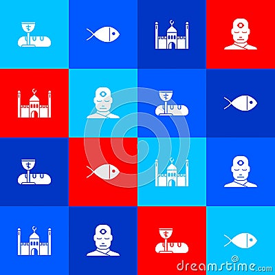 Set First communion symbols, Christian fish, Muslim Mosque and Man with third eye icon. Vector Vector Illustration