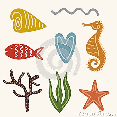 Set of the fish, corals, seaweed, starfish, sea horse and other inhabitants of the ocean isolated on white background. Underwater Vector Illustration