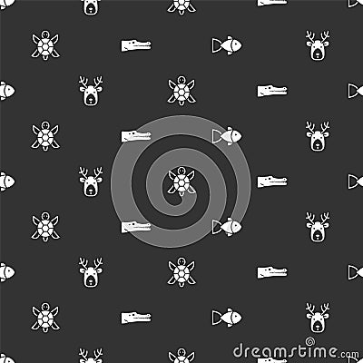 Set Fish, Deer head with antlers, Turtle and Crocodile on seamless pattern. Vector Stock Photo