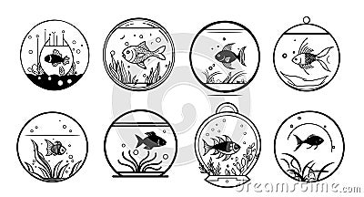 Set of fish emblems in the aquarium sketch hand drawn logo Vector illustration Vector Illustration