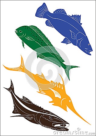 Set of 4 fish illustrations Vector Illustration