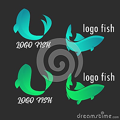 A set of fish logos. Fish logo in green and blue. Stock Photo