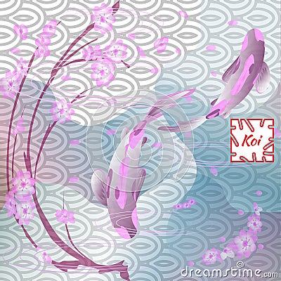 Set with fish and sakura, Koi carp on traditional Japanese background. Monochrome pastel soft pink and blue. Vector Illustration