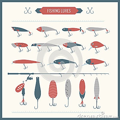 Set of Fishing equipment in flat style Vector Illustration