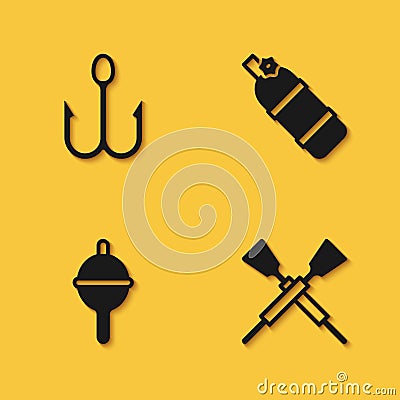 Set Fishing hook, Crossed oars or paddles boat, float and Aqualung icon with long shadow. Vector Vector Illustration