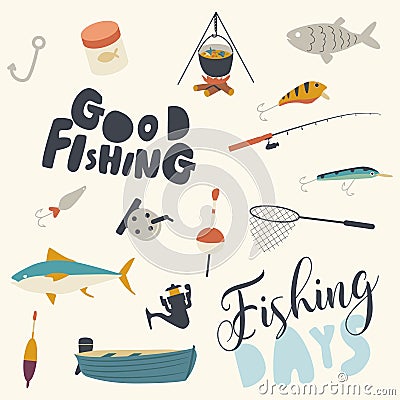 Set of Fishing Icons Boat, Rod and Net with Fish, Campfire with Cauldron and Soup. Bait, Hook Tackle on White Background Vector Illustration