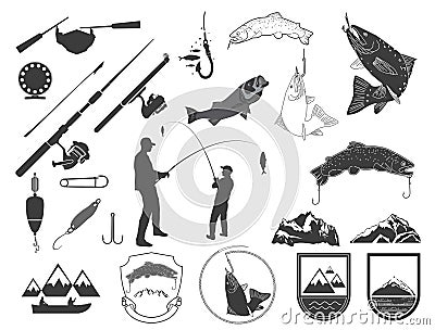 Set of fishing icons and icons. Vector Illustration