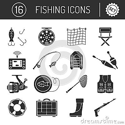 Set of Fishing icons in silhouette flat style isolated on white background. Vector Illustration