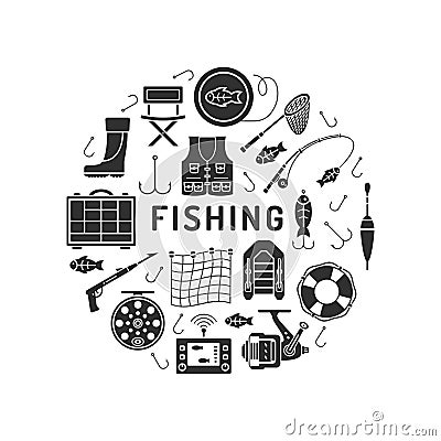 Set of Fishing icons in silhouette flat style isolated on white background. Vector Illustration