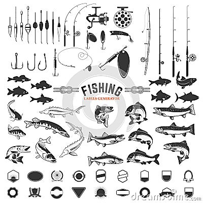 Set of Fishing labels design elements. Rods and fish icons. Des Vector Illustration