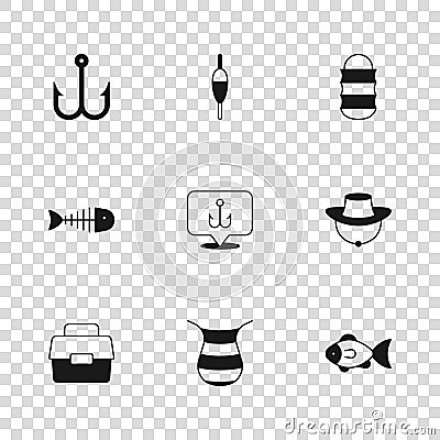 Set Fishing net, Fisherman hat, hook, float and skeleton icon. Vector Vector Illustration