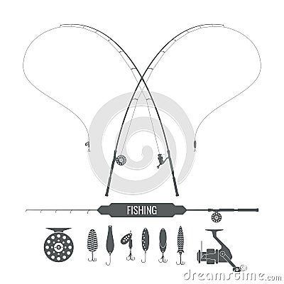 Set of fishing tackle in flat monochrome style Vector Illustration