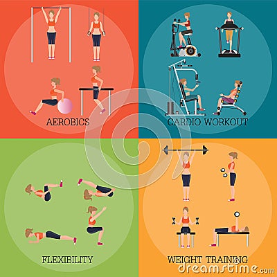 Set of fitness aerobic strength and body shaping exercises. Vector Illustration