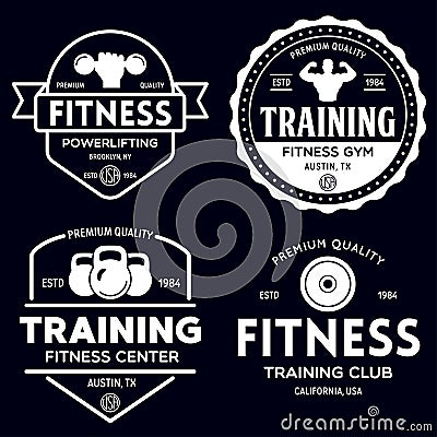 Set of fitness badges with sport equipment and people. Labels in vintage style with sport silhouette symbols Vector Illustration