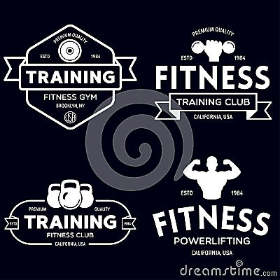 Set of fitness badges with sport equipment and people. Labels in vintage style with sport silhouette symbols Vector Illustration